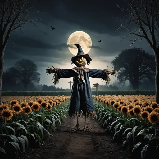 Prompt: Design a background of a scarecrow in a distance in a dark garden. The garden should have a path that the scarecrow is standing on. The scare crow must look sad and the field should be dark