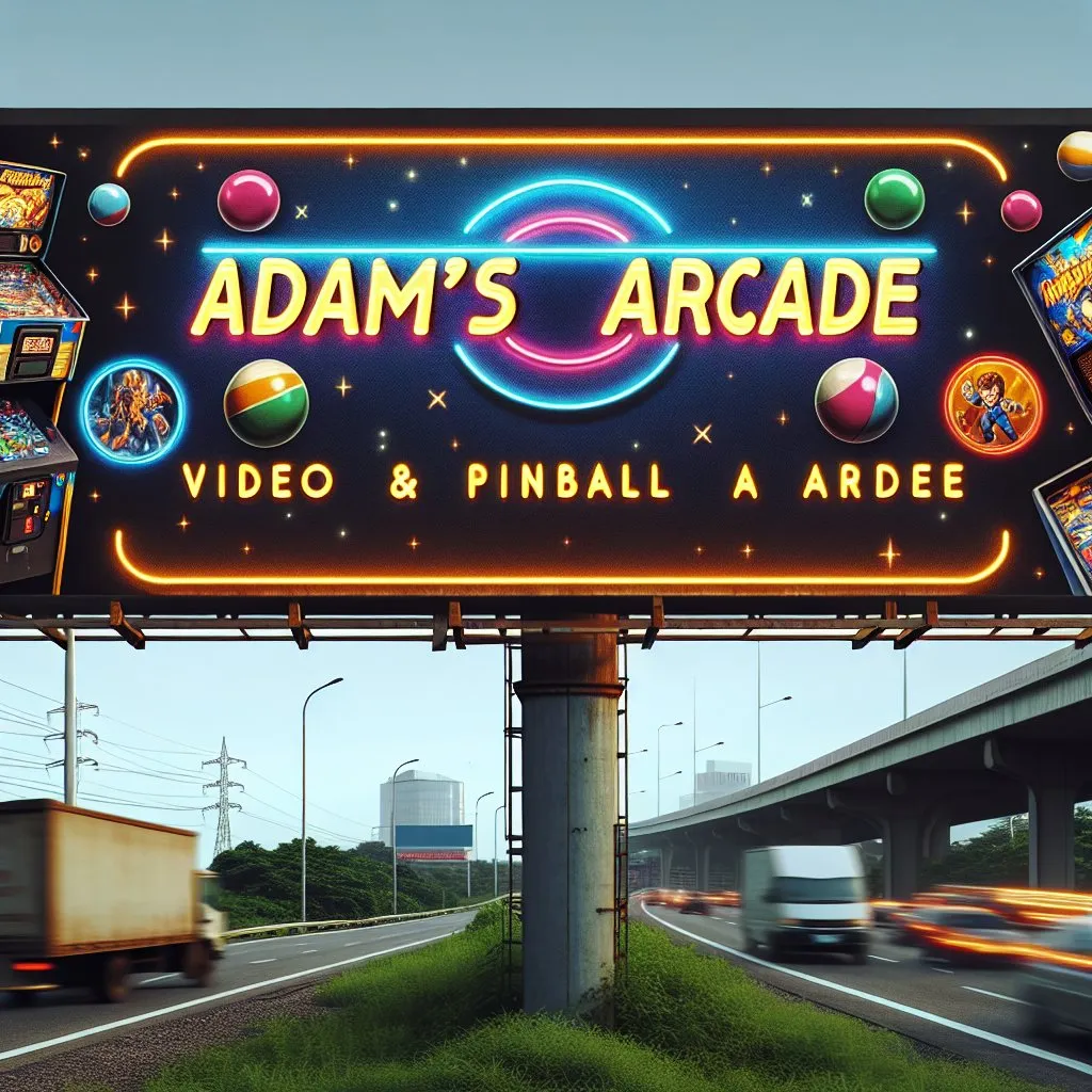 Prompt: OK billboard sign advertising a 1980s style video/pinball arcade named Adam’s Arcade