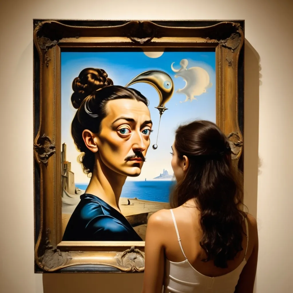 Prompt: YOUNG 
SPANISH WOMAN LOOKING AT SALVADOR DALI PAINTING

