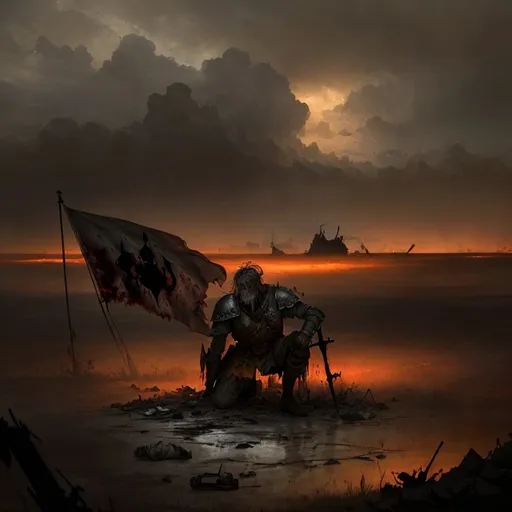 Prompt: In a dimly lit battlefield, a dying general lies on the ground, his once-gleaming armor now tarnished and stained with blood. The golden hues of a sinking sun cast long shadows, highlighting his rugged features and the pain etched upon his face. He clutches a tattered flag of his fallen army, its colors dulled by the ravages of war. Surrounding him, remnants of battle: scattered weapons gleam weakly in the fading light, and the air is thick with the scent of smoke and earth. Dark clouds gather overhead, hinting at an approaching storm, while raindrops begin to fall, mixing with the blood on the ground. The mood is somber and poignant, evoking a sense of loss and sacrifice. The image could be depicted in a dark fantasy concept art style, emphasizing the raw emotion and atmospheric tension.