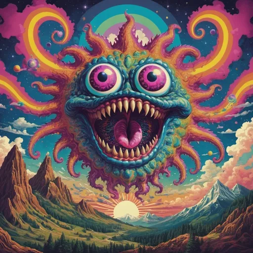 Prompt: psychedelic print lsd vision big monster in sky