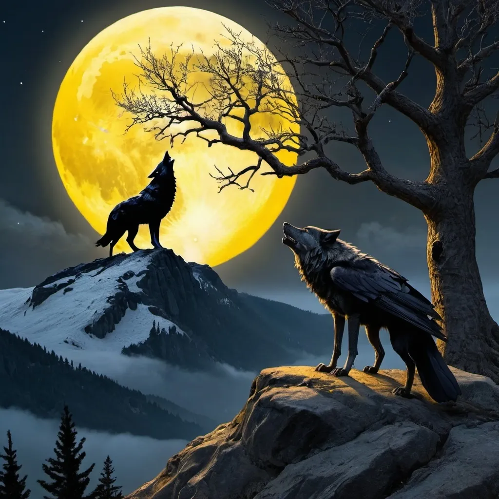 Prompt: wolf on mountain howling at yellow moon with a raven in a tree