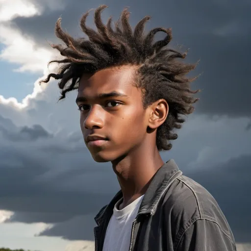 Prompt: Black sixteen year old tall boy, windswept hair with lightening behind him as he walks different angles