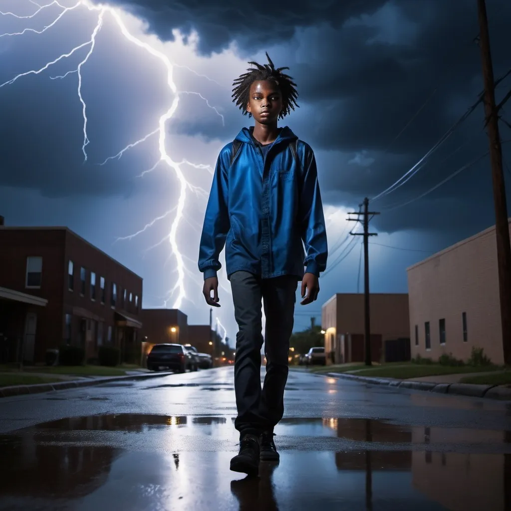 Prompt: Black sixteen year old tall boy with lightening behind him as he walks