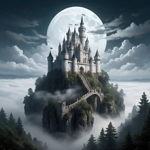 Prompt: A tall White Castle in the clouds, countless windows and fog surrounds castle against a backdrop of a moonlight, below the castle is a large forest and in the skies are floating islands, a bridge leads up to it with knights on it