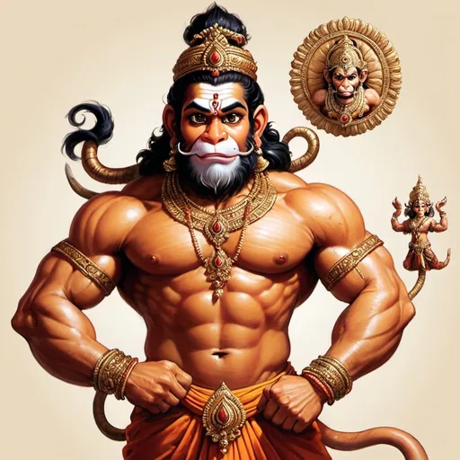 Prompt: 

### Detailed Picture of Hanuman

1. **Head and Face:**
   - Draw Hanuman’s face with detailed features including expressive eyes, a well-defined nose, and a slightly open mouth showing his teeth.
   - Add a crown (mukut) adorned with jewels on his head.
   - Include long, flowing hair and a tilak (mark) on his forehead.

2. **Body and Arms:**
   - Sketch a muscular and well-defined body to show his strength.
   - Draw intricate jewelry around his neck and arms, such as necklaces, armbands, and bracelets.
   - Hanuman often wears a dhoti (a traditional Indian garment) around his waist.

3. **Tail:**
   - Draw a long, curved tail that loops around or is shown in a dynamic pose.

4. **Mace (Gada):**
   - Draw a large, ornate mace with intricate designs on the handle and head.

5. **Additional Elements:**
   - Hanuman can be depicted carrying a mountain (as he did in the Ramayana) or flying in the sky.
   - Include other elements such as a backdrop of a forest, mountains, or the battlefield of Lanka.

