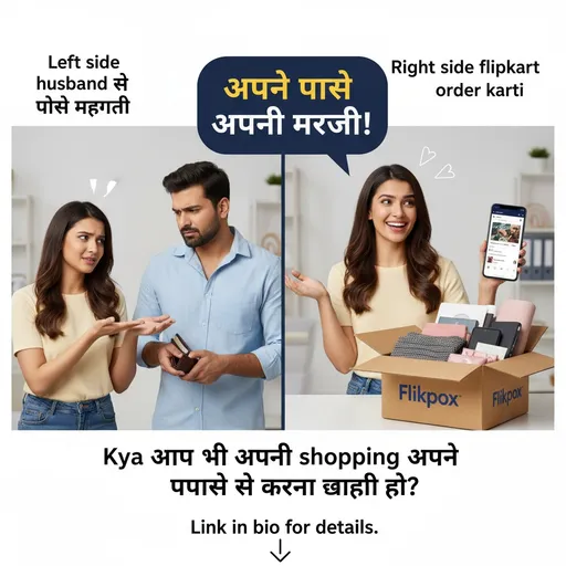 Prompt: Visuals: Left side husband se paise maangti; Right side flipkart order karti.
	•	Hook: “Apne paise apni marzi!”
	•	Caption: “Kya aap bhi apni shopping apne paise se karna chahti ho?”
	•	CTA: Link in bio for details.
