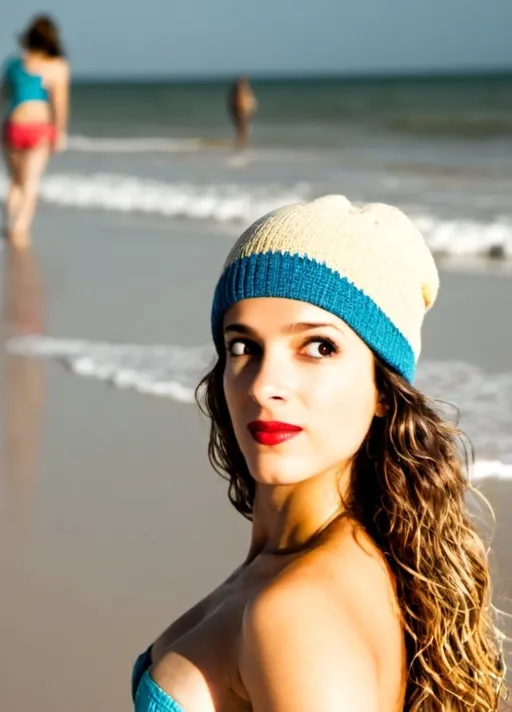 Prompt: mujer hermosa, de cabello rubio, en la playa, cuerpo completo