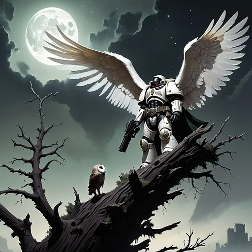 Prompt: A few miles away from a war torn delipidated city, ontop of a cliffside, Dark Angel Space Marine standing atop of a tall dead tree, reaching up to the sky to let a white barn owl to perch on his index finger, all this while there's a constant war going on