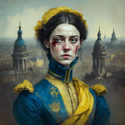 Prompt: <mymodel> portrait of a victorian lady in a blue and yellow Ukraine uniform with dirt and tears and blood with a city behind her 
