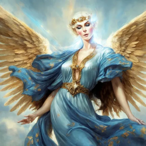 Prompt: An angel with her arms outstretched to the sky in flowing robes of light blue. Sings of a pale gold. 