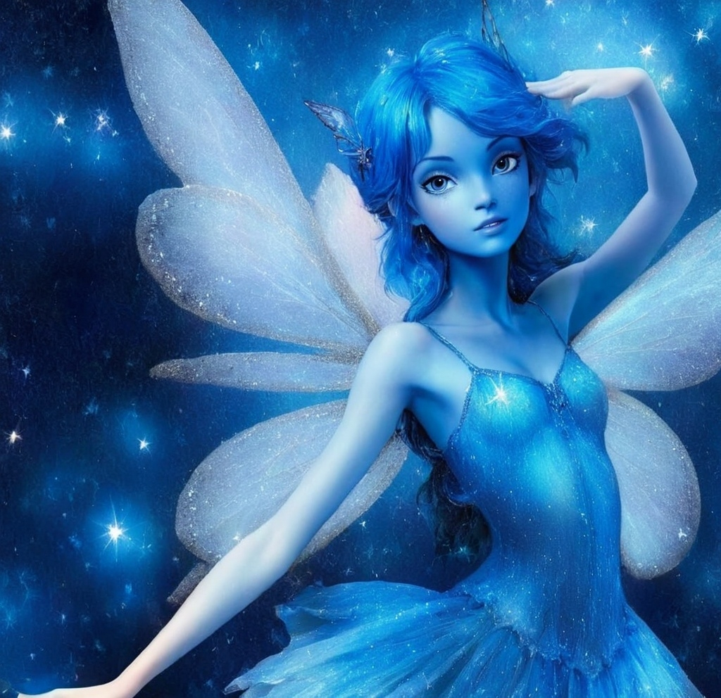 Prompt: A fairy in all blues, hair blues surrounded by a mist of blue sparkles and beautiful blue background