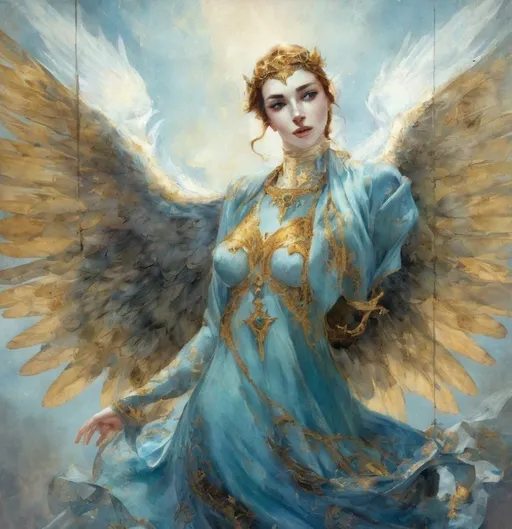 Prompt: An angel with her arms outstretched in flowing robes of light blue. Wings of a pale gold. 