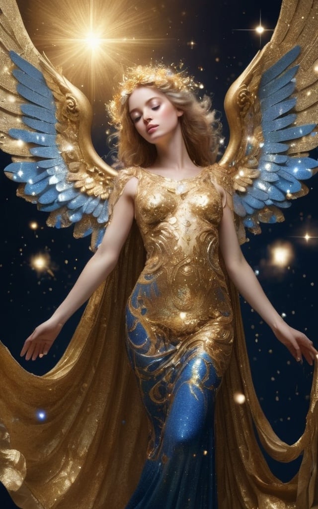Prompt: A beautiful angelic woman in all ornate gold sparkles and blue sparkles 