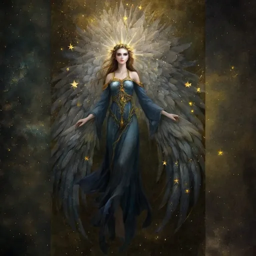 Prompt: A beautiful soft angelic face. Change the dark colors to a starry mist of sparkling Ukrainian yellow and blue. 