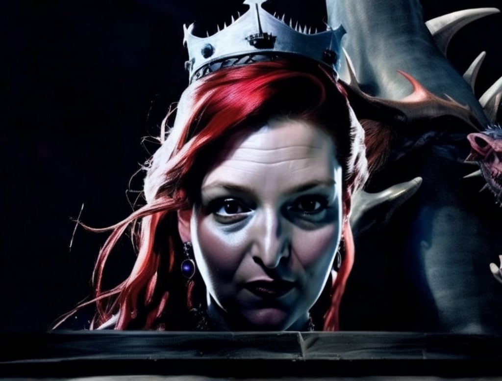 Prompt: Queen with red hair, blue velvet dress, silver crown of thorns 