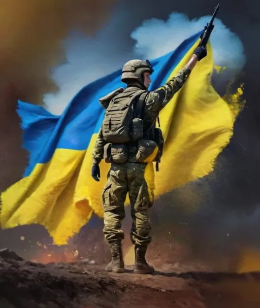 Prompt: A Ukrainian soldier with his back turned, with a back pack and the colors of the Ukrainian flag 🇺🇦 in the background like a rippling flag in the wind 