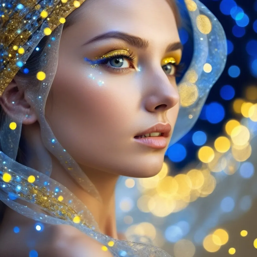 Prompt: A beautiful face with delicate shine of blue and yellow fine glimmering sparkles in the background