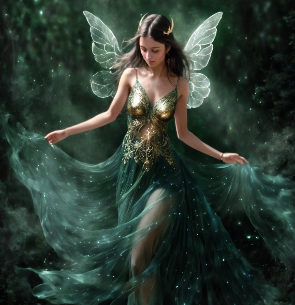 Prompt: Same exact picture in a deep blue dress. Make the dress green and very flowy and rich and her wings are wispy like a mist of silvery sparkles she’s a fairy add gold dust to her wings and make her look more like mystical being 