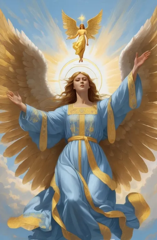 Prompt: An angel with her arms outstretched to the sky in flowing robes of light blue. Sings of a pale gold. A Ukrainian trizub above head in dull gold 