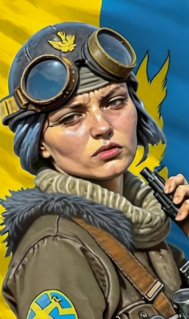 Prompt: Ukrainian woman soldier with pilot’s helmet and goggles carry a weapon 