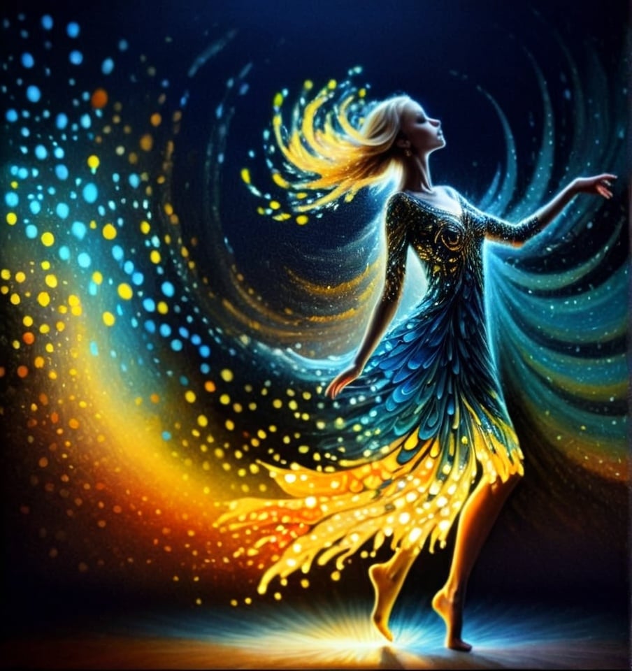 Prompt: A woman who has a glowing dress in Ukraine yellow and blue and 1,000’s of glowing blue and yellow sparkles in the background swirling like magic mist 