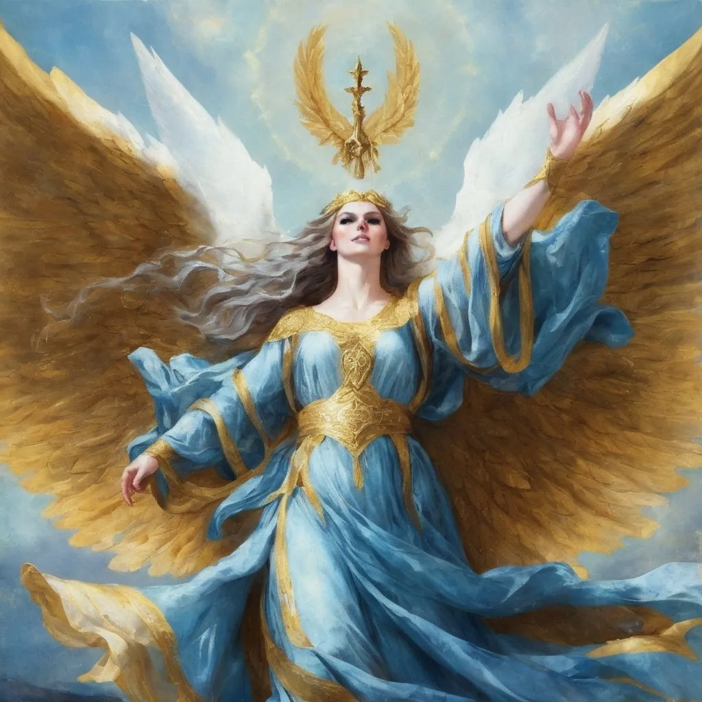 Prompt: An angel with her arms outstretched to the sky in flowing robes of light blue. Sings of a pale gold. 