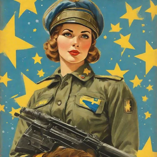 Prompt: handsome Ukrainian woman soldier on the first page of magazine, 50's editorial color illustration. A spray of Ukrainian blue and yellow stars in the background 