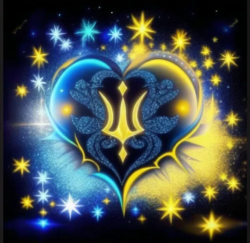 Prompt: A soft blue and soft yellow heart in the middle fade the edges out towards the edges. Softest fade edge to the heart and put a TriZub add more shiny yellow and blue sparkles on a white background. No black 
