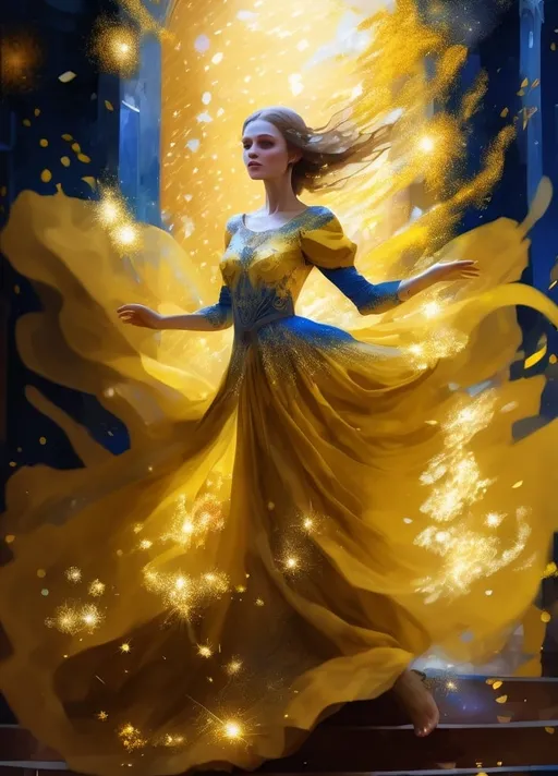 Prompt: An ethereal woman in a dress that’s only Ukrainian blue and yellow sparkles