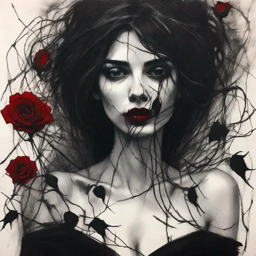 Prompt: A charcoal drawing of a beautiful dark messy haired woman with red lips in a black dress tangled with masses of amounts of black thorns and black dead roses and a serene look on her face 
