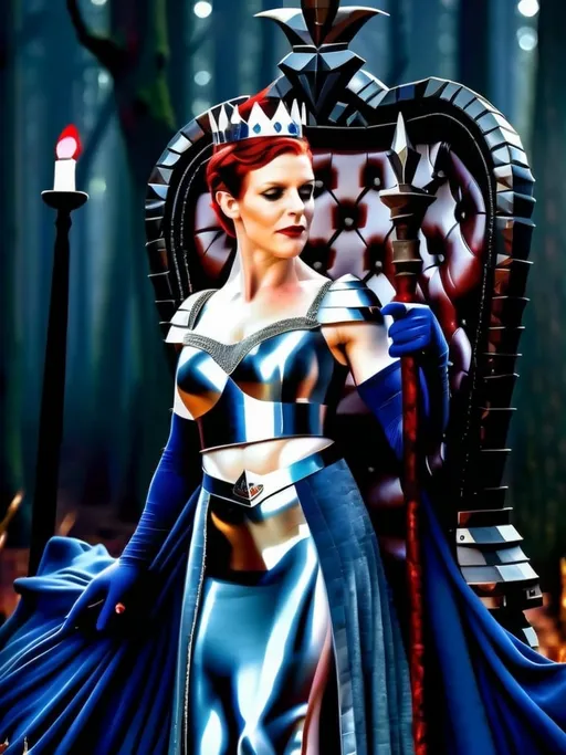 Prompt: Queen in dark blue velvet, silver armor, dark silver crown with small dark blue sapphire crystals, regal, beautiful, short red hair, white pale flawless softer skin, red small lips, no eye makeup, 