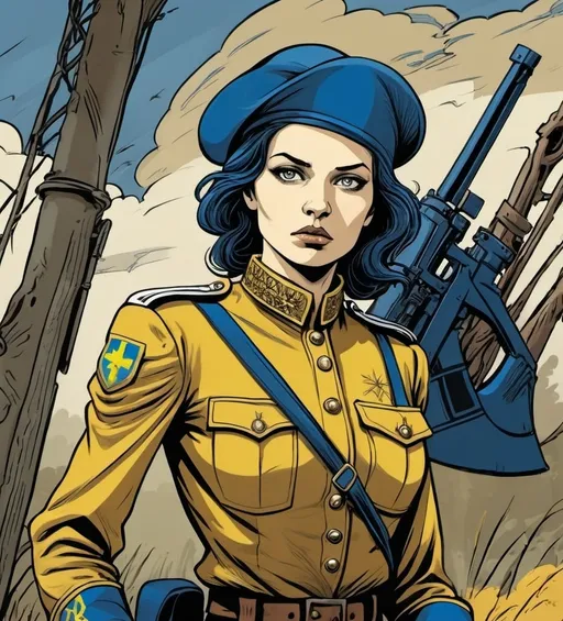 Prompt: Woman soldier, landfields, detailed, Ukrainian blue and yellow colors, dramatic, graphic novel illustration,  2d shaded retro comic book