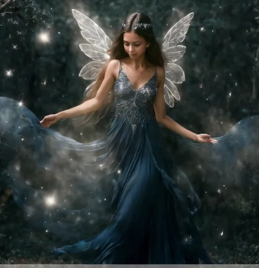 Prompt: Same exact picture in a deep blue dress. Make the dress very flowy and rich and her wings are wispy like a mist of silvery sparkles she’s a fairy  