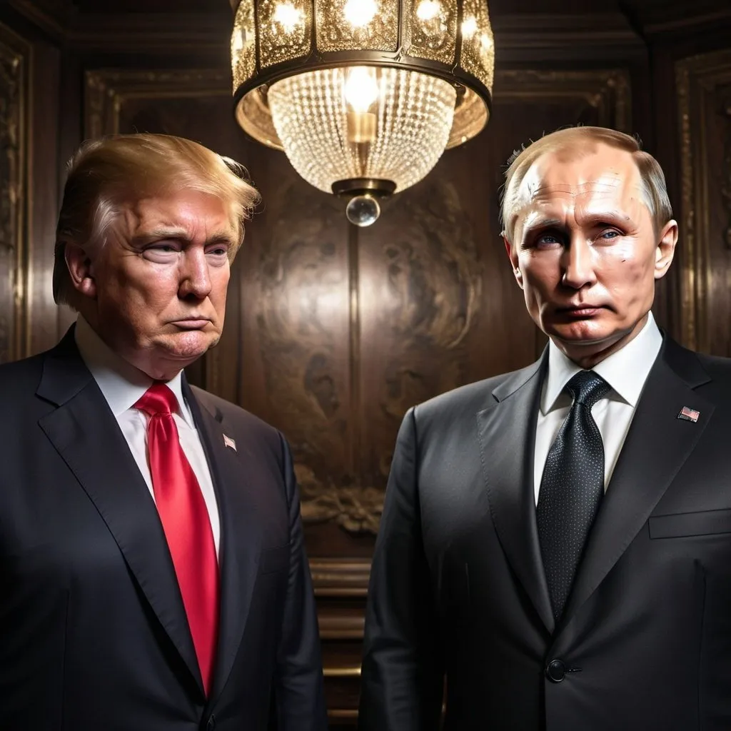 Prompt: Donald Trump on one side and Putin on the other side of one face, vintage, detailed suit, confident expression, antique lighting