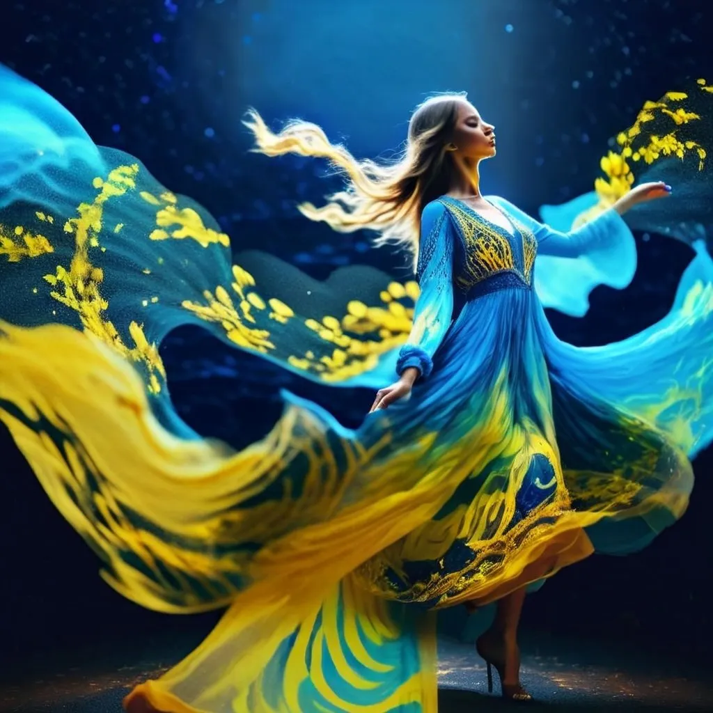 Prompt: A woman who has a glowing dress in Ukraine yellow and blue and 1,000’s of glowing blue and yellow sparkles in the background swirling like magic mist add a golden TriZub in the center and stars are cascading around it in blue and yellow. 