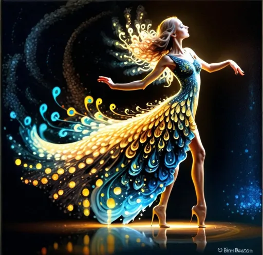 Prompt: A woman who has a glowing dress in Ukraine yellow and blue and glowing blue and yellow sparkles in the background swirling like magic mist 
