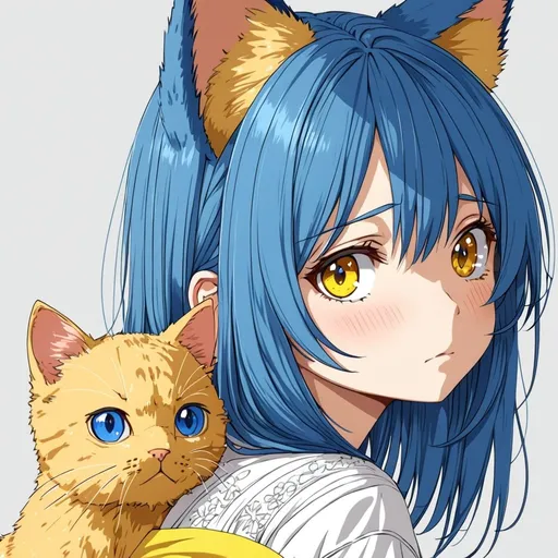 Prompt: anime, girl, detailed, Ukraine blue hair, shy, Ukrainian yellow cat ears, very detailed
