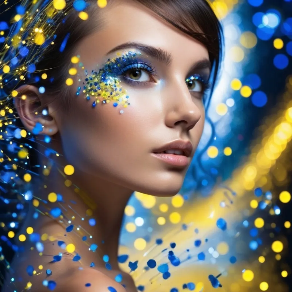 Prompt: A beautiful face with sprays of blue and yellow fine glimmering sparkles in the background