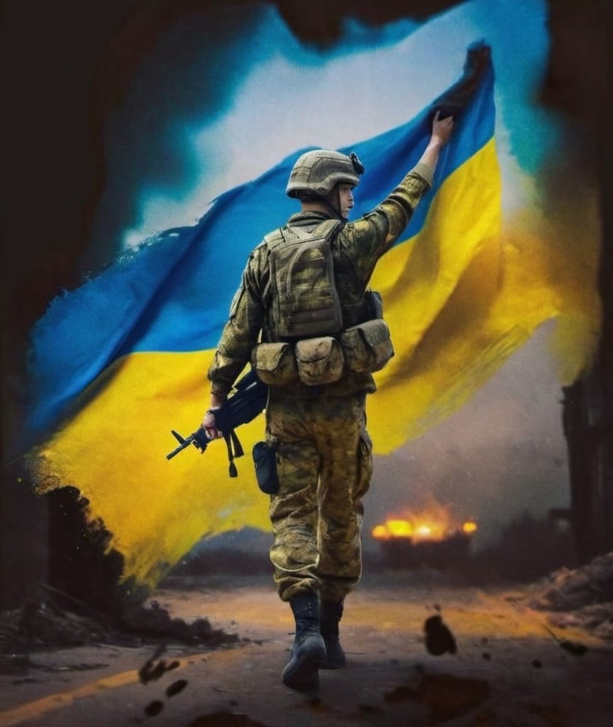 Prompt: A Ukrainian soldier with his back turned, with a back pack and the faded colors of the Ukrainian flag 🇺🇦 in the background like a rippling flag in the wind. No weapon 