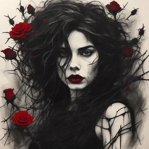Prompt: A charcoal drawing of a beautiful dark messy haired woman with red lips in a black dress tangled with masses of amounts of black thorns and black dead roses and a serene look on her face 