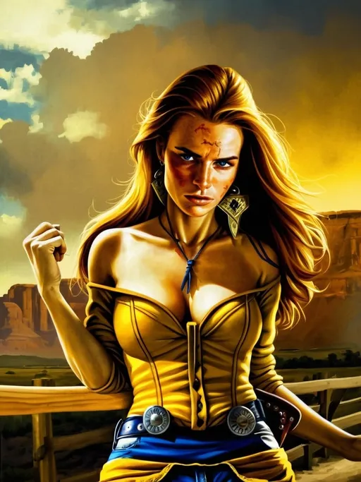 Prompt: Woman cowboy, landfields, detailed, brihht yellow and blue colors, dramatic,  photorealistic 