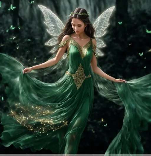 Prompt: Same exact picture add layers to the dress. Make the dress green and very flowy and rich and her wings are wispy like a mist of silvery sparkles she’s a fairy add gold dust to her wings and make her look more like mystical being 