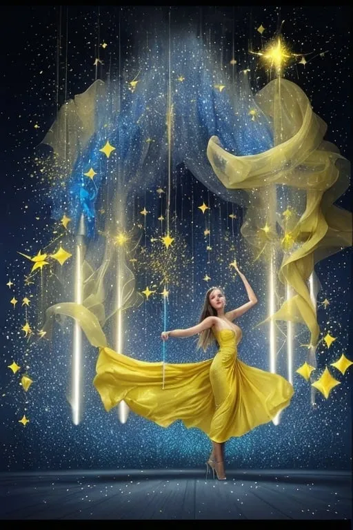 Prompt: A woman standing with Ukrainian yellow and Ukrainian blue stars out a wand. She’s in a long draped dress with her back turned the sky is a spray of sparkling ✨ glitter yellow and blue in a mist all around the sky 