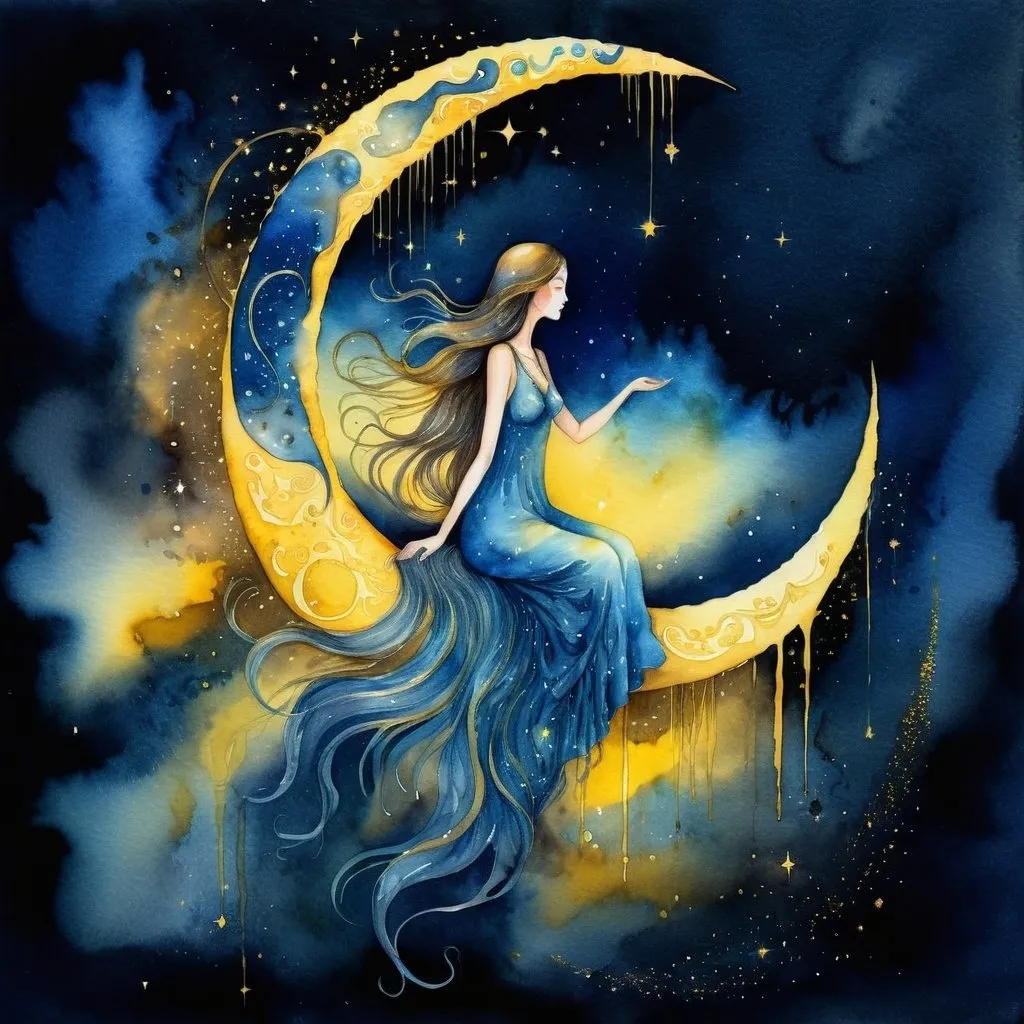 Prompt: Woman sitting in a crescent moon, surreal watercolor painting, flowing long hair, serene expression, detailed celestial patterns, high quality, dreamy, watercolor, surreal, shades of blue and yellow, celestial, serene, detailed, crescent moon, flowing hair, ethereal lighting