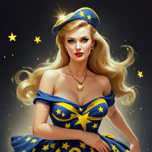 Prompt: A pin up girl beautiful woman in a dress made up of all heavenly yellow and blue sparkles, off the shoulder pretty, in Ukraine colors faint yellow glowing stars and sprays of faint glowing shiny blue stars on the black background.