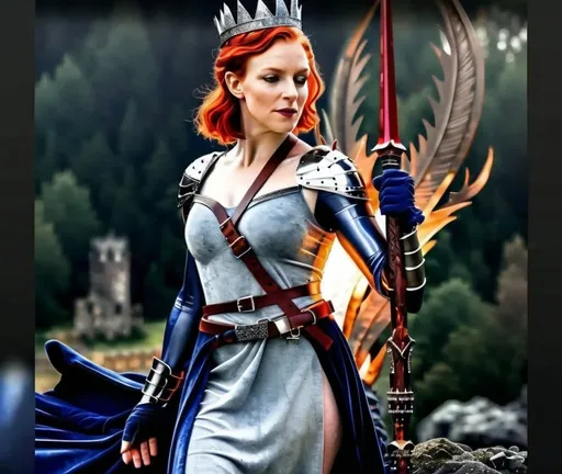 Prompt: Queen in dark blue velvet, silver armor, dark silver crown with small dark blue sapphire crystals, regal, beautiful, short red hair, white pale flawless softer skin, red small lips, no eye makeup, 