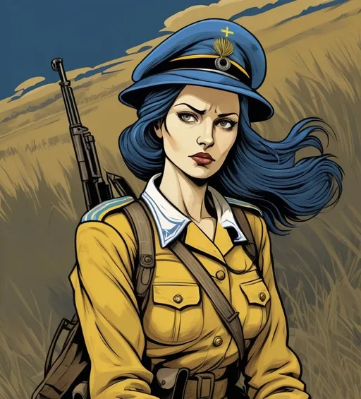 Prompt: Woman soldier, landfields, detailed, Ukrainian blue and yellow colors, dramatic, graphic novel illustration,  2d shaded retro comic book
