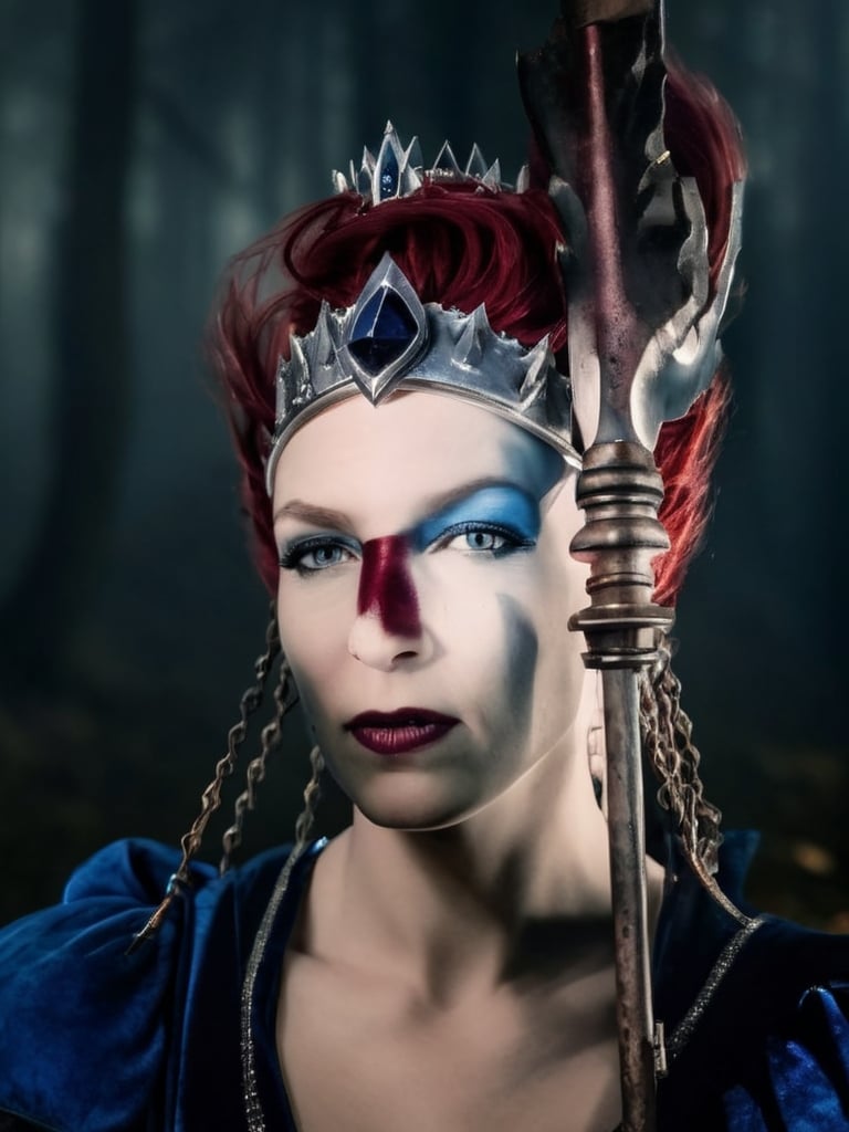 Prompt: Queen in dark blue velvet, silver armor, dark silver crown with small dark blue sapphire crystals, regal, beautiful, looking sideways, short red hair, garnet red lips white pale flawless skin 