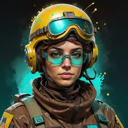 Prompt: a woman in a brown military uniform with a helmet and goggles on her head is shown in a digital painting style with a splash of yellow and aqua paint, Android Jones, space art, highly detailed digital painting, cyberpunk art